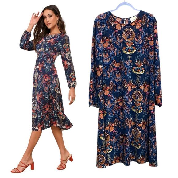 I. Madeline Dresses & Skirts - I. Madeline Lulu’s Navy Boho Garden Floral Long Sleeve Midi Dress – Size XL